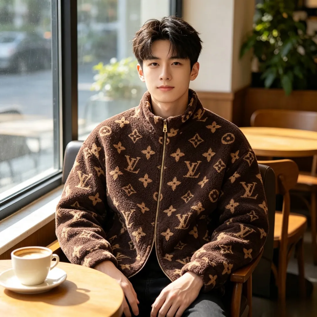 Louis Vuitton/Louis Vuitton dark brown all-over printed old flower Teddy polar fleece stand-up collar jacket